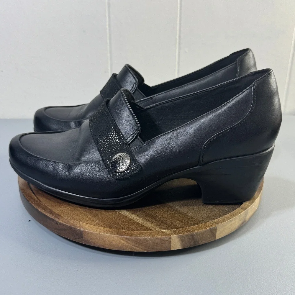 Clarks Collection Women Black Leather Wedge Loafer Shoes Size 7.5